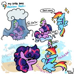 Size: 1200x1200 | Tagged: safe, artist:petaltwinkle, rainbow dash, spike, twilight sparkle, dragon, pegasus, pony, unicorn, friendship is magic, g4, :t, baby, baby dragon, baby spike, comic, cute, dashabetes, dialogue, dragon hat, dragons riding ponies, female, floppy ears, laughing, male, mare, missing cutie mark, riding, riding a pony, scene interpretation, simple background, sparkles, speech bubble, spikabetes, spike riding rainbow dash, spike riding twilight, trio, twiabetes, unicorn twilight, wet, wet mane, white background, xd, younger