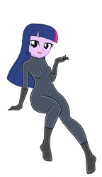 Size: 1553x2699 | Tagged: safe, artist:missmoonlightangel, twilight sparkle, human, equestria girls, g4, base used, bodysuit, catsuit, clothes, latex, latex suit, looking at you, simple background, sitting, solo, white background