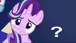 Size: 508x288 | Tagged: safe, artist:jaye, starlight glimmer, pony, unicorn, g4, animated, confused, frown, huh, looking at you, meme, music, ponified meme, question mark, reformed starlight, shitposting, solo, sound, wat, webm, wrong aspect ratio