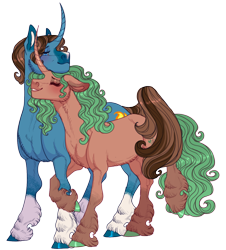 Size: 1086x1200 | Tagged: safe, artist:snowberry, oc, oc only, oc:cool tempo, oc:sweet pea (snowberry), pony, unicorn, 2024 community collab, derpibooru community collaboration, blushing, coat markings, couple, curly hair, curved horn, cute, duo, duo male and female, eyes closed, female, floppy ears, fluffy, height difference, hoof hold, horn, hug, male, mare, nuzzling, ponysona, raised hoof, realistic horse legs, simple background, smiling, socks (coat markings), stallion, tail, tail hug, teeth, transparent background, two toned mane, unshorn fetlocks