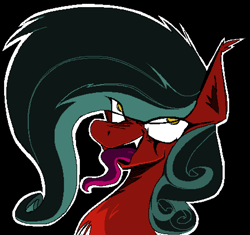 Size: 1822x1710 | Tagged: safe, artist:djsleepyhooves, oc, oc only, demon, demon pony, pony, black background, colored, curly mane, devil man, green hair, long tongue, open mouth, outline, red coat, sharp teeth, simple background, solo, teeth, tongue out, vulgar description, white outline, yellow eyes