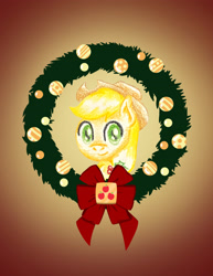 Size: 2550x3300 | Tagged: safe, artist:flutterluv, part of a set, applejack, earth pony, pony, g4, applejack's hat, bust, christmas, christmas wreath, cowboy hat, gradient background, hat, high res, holiday, portrait, smiling, solo, wreath