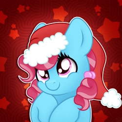 Size: 3500x3500 | Tagged: safe, artist:sweet cream, cup cake, earth pony, pony, g4, abstract background, bust, christmas, commission, cute, cute cake, female, hat, high res, holiday, mare, santa hat, smiling, solo, ych result