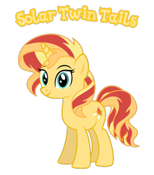 Size: 3156x3593 | Tagged: safe, anonymous artist, oc, oc only, oc:solar twin tails, pony, unicorn, g4, closed mouth, description is relevant, eyebrows, eyelashes, eyes open, female, happy, high res, looking, looking at you, mare, name, nostrils, not sunset shimmer, offspring, parent:oc:sunbeam flare, parent:oc:sunlit glow, product of incest, simple background, smiling, smiling at you, solo, standing, story included, text, transparent background, vector