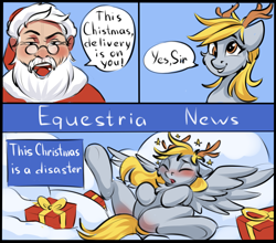 Size: 1638x1442 | Tagged: safe, artist:kittytitikitty, derpy hooves, human, pegasus, pony, g4, blushing, chest fluff, christmas, comic, delivery, delivery pony, facial hair, featureless crotch, female, holiday, i just don't know what went wrong, mare, present, santa claus, sketch, underhoof