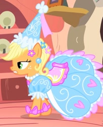 Size: 807x987 | Tagged: safe, screencap, applejack, earth pony, pony, g4, look before you sleep, season 1, applejack also dresses in style, bored, bow, clothes, cropped, cute, dress, ear piercing, female, flower, flower in hair, froufrou glittery lacy outfit, golden oaks library, hat, hennin, jackabetes, jewelry, mare, necklace, piercing, solo