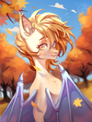 Size: 1800x2400 | Tagged: safe, artist:ryusya, bat pony, autumn, depth of field, leaves, nature, outdoors, solo, turned head, wings