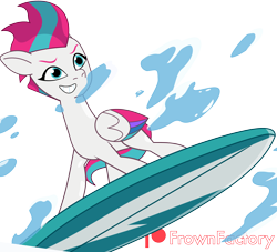 Size: 3000x2721 | Tagged: safe, artist:frownfactory, zipp storm, pegasus, pony, g5, hot day huh?, my little pony: tell your tale, spoiler:g5, spoiler:my little pony: tell your tale, spoiler:tyts01e57, female, grin, high res, mare, simple background, smiling, surfboard, surfing, transparent background, vector, wings