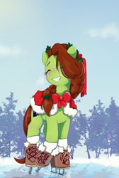 Size: 2131x3166 | Tagged: safe, artist:drafthoof, oc, oc only, oc:oil drop, earth pony, pony, blushing, christmas, clothes, earth pony oc, eyes closed, female, high res, holiday, ice, ice skating, mare, skates, smiling, socks, solo, winter