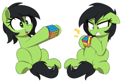 Size: 1500x1000 | Tagged: safe, artist:thebatfang, oc, oc only, oc:filly anon, earth pony, pony, before and after, belly, cute, female, filly, foal, frustrated, gritted teeth, hoof hold, ocbetes, round belly, rubik's cube, simple background, sitting, smiling, teeth, transparent background, underhoof