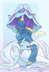 Size: 1307x1917 | Tagged: safe, artist:batipin, trixie, human, equestria girls, g4, barefoot, clothes, covering, feet, handstand, looking at you, missing shoes, one eye closed, skinny, skirt, smiling, solo, speech bubble, talking to viewer, thin, upside down, upskirt denied, wink