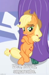 Size: 500x767 | Tagged: safe, edit, edited screencap, screencap, applejack, earth pony, pony, g4, the crystal empire, bipedal, blurry, caption, cropped, female, image macro, imgflip, impact font, mare, solo, sugarcube, talking to viewer, text