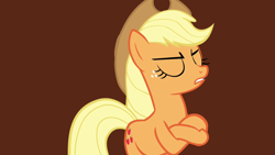 Size: 1280x720 | Tagged: safe, screencap, applejack, earth pony, pony, g4, magic duel, applejack is not amused, bipedal, brown background, crossed hooves, eyes closed, simple background, solo, unamused, unhapplejack