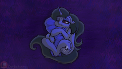 Size: 1280x720 | Tagged: safe, artist:darbedarmoc, oc, oc:minerva, pony, unicorn, crying, fangs, grass, hug, lying down, night, on side, one eye closed, pillow, sad, solo