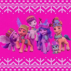 Size: 1080x1080 | Tagged: safe, hitch trailblazer, izzy moonbow, pipp petals, sparky sparkeroni, sunny starscout, zipp storm, dragon, earth pony, pegasus, pony, unicorn, g5, my little pony: make your mark, official, baby, baby dragon, christmas, clothes, female, flying, grin, holiday, looking at you, male, mane five, mare, open mouth, open smile, royal sisters (g5), siblings, sisters, smiling, smiling at you, spread wings, stallion, sweater, wings