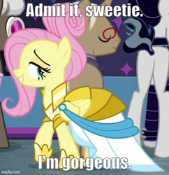 Size: 500x517 | Tagged: safe, edit, edited screencap, screencap, bracer britches, colton john, fluttershy, levon song, snow hope, pegasus, pony, unicorn, fake it 'til you make it, g4, beautiful, butt, caption, clothes, dress, featureless crotch, female, image macro, imgflip, impact font, male, mare, plot, solo focus, stallion, talking to viewer, text, warrior of inner strength, warriorshy