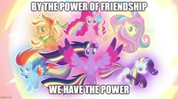 Size: 888x499 | Tagged: safe, edit, edited screencap, screencap, applejack, fluttershy, pinkie pie, rainbow dash, rarity, twilight sparkle, alicorn, g4, twilight's kingdom, caption, he-man, he-man and the masters of the universe, image macro, imgflip, impact font, rainbow power, reference to another series, text, twilight sparkle (alicorn)