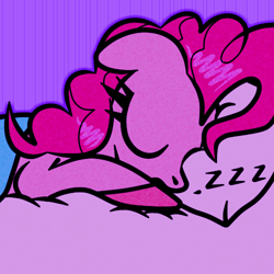 Size: 500x500 | Tagged: safe, artist:scandianon, pinkie pie, earth pony, pony, g4, bed, blanket, eyes closed, female, floppy ears, mare, night, onomatopoeia, pillow, sleeping, solo, sound effects, zzz