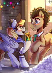 Size: 1500x2100 | Tagged: safe, artist:shadowreindeer, derpy hooves, doctor whooves, time turner, earth pony, pegasus, pony, g4, blushing, butt, christmas, clothes, dock, eye clipping through hair, female, holiday, looking at each other, looking at someone, male, mare, plot, present, raised hoof, scarf, ship:doctorderpy, shipping, smiling, smiling at each other, snow, stallion, straight, tail