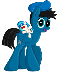 Size: 5328x6600 | Tagged: safe, artist:agkandphotomaker2000, dj pon-3, vinyl scratch, oc, oc:pony video maker, pegasus, pony, 2024 community collab, derpibooru community collaboration, g4, director's hat, eyebrows, eyebrows visible through hair, folded wings, looking at you, open mouth, plushie, simple background, solo, transparent background, wings