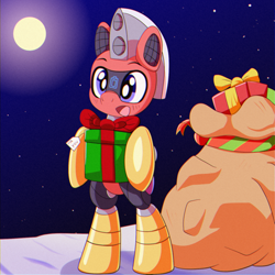 Size: 1440x1440 | Tagged: safe, artist:trackheadtherobopony, oc, oc:trackhead, pony, robot, robot pony, bag, bipedal, christmas, holiday, night, present, solo