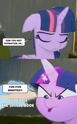 Size: 585x936 | Tagged: safe, edit, edited screencap, screencap, twilight sparkle, alicorn, pony, g4, my little pony: the movie, background pony strikes again, for five minutes, implied hypnosis, kaa, meta, op has a point, op has an opinion, shrek, shrek 2, the jungle book, twilight sparkle (alicorn)