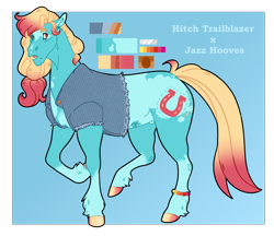Size: 2430x2100 | Tagged: safe, artist:kitschykricket, earth pony, pony, clothes, high res, male, nudity, offspring, parent:hitch trailblazer, parents:jazz hooves, sheath, solo, stallion, vest
