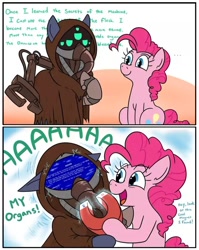 Size: 640x806 | Tagged: safe, artist:jargon scott, pinkie pie, oc, oc:gear works, cyborg, cyborg pony, pony, fanfic:iron hearts, g4, amputee, augmentation, augmented, blah blah blah, blue screen of death, comic, crossover, dialogue, duo, duo male and female, female, magnet, male, mask, pain, prosthetic limb, prosthetics, robotic arm, servo arm, techpriest, this will end in tears, warhammer (game), warhammer 40k