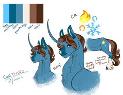 Size: 1270x985 | Tagged: safe, artist:snowberry, oc, oc only, oc:cool tempo, pony, unicorn, coat markings, color palette, cutie mark, facial markings, fire, horseshoes, male, nudity, reference sheet, sheath, simple background, sketch, snip (coat marking), snow, snowflake, socks (coat markings), solo, stallion, text, white background