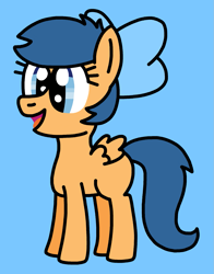 Size: 1071x1367 | Tagged: safe, artist:maggiethelittlegirlfan389, first base, pegasus, pony, g4, adorabase, blank flank, blue background, bow, cute, cyan background, female, filly, foal, girly, hair bow, little, little first base, open mouth, open smile, rule 63, simple background, smiling, toddler, tomboy, younger