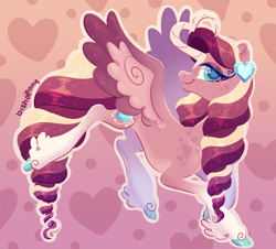 Size: 2268x2051 | Tagged: safe, artist:bishopony, princess cadance, alicorn, pony, g4, alternate design, blush scribble, blushing, colored wings, colored wingtips, concave belly, curved horn, female, gradient background, heart, heart background, heart horn, heart shaped, high res, horn, long tail, looking at you, mare, signature, slender, smiling, smiling at you, solo, spread wings, tail, thin, turned head, unshorn fetlocks, wings
