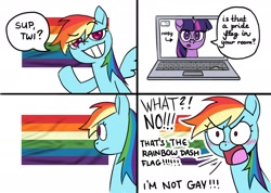 Size: 1958x1396 | Tagged: safe, artist:gummylovesart, rainbow dash, twilight sparkle, pegasus, pony, unicorn, g4, 4 panel comic, blatant lies, blushing, comic, computer, denial, denial's not just a river in egypt, duo, female, laptop computer, mare, not gay, pride flag, rainbow dash is not amused, simple background, unamused, video call, white background, yelling