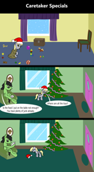 Size: 1920x3516 | Tagged: safe, artist:platinumdrop, derpy hooves, oc, oc:anon, oc:anon stallion, pegasus, pony, comic:caretaker specials, series:caretaker, g4, 3 panel comic, angry, ball, bedroom, blanket, blocks, box, caretaker, chair, christmas, christmas morning, christmas ornaments, christmas tree, closed door, clothes, comic, commission, couch, crying, cute, derpabetes, dialogue, door, duo, excited, female, filly, filly derpy, floppy ears, foal, food, front door, furniture, hat, hearth's warming, holiday, hoof hold, ignoring, indoors, living room, looking down, male, messy room, morning ponies, muffin, newspaper, onomatopoeia, open mouth, ornaments, painting, picture frame, plushie, reading, room, sad, santa hat, scolding, series, sitting, smiling, snow, snowfall, sound effects, speech bubble, stern, talking, tears of sadness, tongue out, toy, tree, waking up, wall of tags, window, wings, wings down, winter, younger