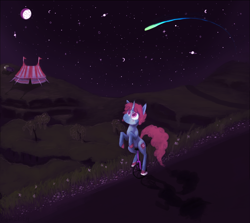 Size: 900x803 | Tagged: safe, artist:comickit, oc, oc only, oc:doe eyes, pony, unicorn, car, colored hooves, looking up, night, road, shooting star, smiling, solo, stars, tent, unicycle