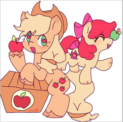 Size: 1066x1061 | Tagged: safe, artist:yui94, apple bloom, applejack, earth pony, pony, g4, apple, apple eyes, apple sisters, balancing, box, eyes closed, female, filly, foal, food, mare, siblings, simple background, sisters, white background, wingding eyes