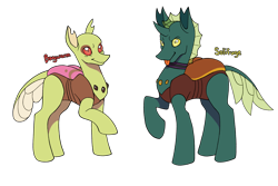 Size: 3600x2400 | Tagged: safe, artist:socialgutbrain777, oc, oc only, oc:bagworm, oc:solifuge, changedling, changeling, changedling oc, changeling oc, choker, collar, female, high res, lesbian, married couple, simple background, transparent background