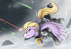 Size: 3850x2670 | Tagged: safe, artist:singovih, oc, oc only, pegasus, pony, fallout equestria, armor, blade, clothes, enclave, epic, fallout equestria: parallelism, female, high res, laser, magic, mare, mountain, plasma, solo, weapon, wings, winter