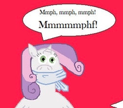 Size: 250x218 | Tagged: safe, artist:alexarmstrong2287, sweetie belle, pony, unicorn, g4, cloth gag, gag, muffled words