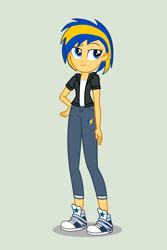 Size: 730x1095 | Tagged: safe, artist:mlpfan3991, oc, oc only, oc:flare spark, human, equestria girls, g4, clothes, converse, denim, female, green background, jacket, jeans, pants, shoes, simple background, smiling, solo