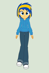 Size: 737x1084 | Tagged: safe, artist:mlpfan3991, oc, oc only, oc:flare spark, human, equestria girls, g4, clothes, converse, denim, green background, hoodie, jeans, pants, shoes, simple background, smiling, solo