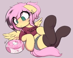 Size: 1826x1462 | Tagged: safe, artist:moozua, fluttershy, pegasus, pony, g4, alternate hairstyle, clothes, cute, ear piercing, earring, emo, emoshy, eye clipping through hair, female, floppy ears, hello kitty, jewelry, mare, midriff, miniskirt, music notes, my chemical romance, piercing, sanrio, scene hair, scene kid, shirt, short mane, shyabetes, simple background, skirt, socks, solo, spread wings, stereo, stupid sexy fluttershy, thigh highs, underwear, wing piercing, wings
