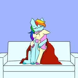 Size: 1280x1280 | Tagged: safe, artist:sxfia, fluttershy, rainbow dash, pegasus, pony, g4, :3, blanket, blue background, blushing, colored hooves, couch, cuddling, cute, duo, eyebrows, eyebrows visible through hair, female, floppy ears, hug, lesbian, relaxing, ship:flutterdash, shipping, simple background, smiling, unshorn fetlocks