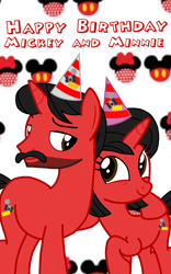 Size: 800x1280 | Tagged: safe, artist:mickey1909, oc, oc only, oc:mickey motion, oc:minnie motion, pony, unicorn, birthday, disney, hat, mickey mouse, minnie mouse, party hat