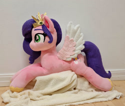 Size: 2653x2250 | Tagged: safe, artist:epicrainbowcrafts, pipp petals, pegasus, pony, g5, colored hooves, colored pinnae, colored wings, diadem, eyebrows, female, gold hooves, high res, hooves, irl, jewelry, mare, photo, plushie, regalia, smiling, solo, spread wings, two toned wings, wing fluff, wings