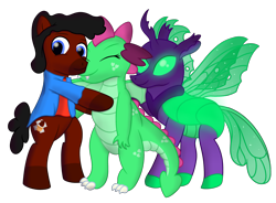 Size: 3400x2505 | Tagged: safe, artist:sweetielover, oc, oc only, oc:goldigony, oc:rocky roads, oc:sparkly emerald, changedling, changeling, dragon, earth pony, pony, 2024 community collab, derpibooru community collaboration, bipedal, clothes, dragoness, eyes closed, female, freckles, glowing, green changeling, heart freckles, high res, horn, hug, jacket, male, simple background, spread wings, standing, transparent background, trio, wings