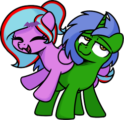 Size: 2097x2034 | Tagged: safe, artist:sugar morning, oc, oc only, oc:omega(phosphorshy), oc:star beats, pegasus, pony, unicorn, commission, duo, eyeroll, fangs, hairclip, high res, melodiphosphor, silly, simple background, smiling, transparent background, ych result