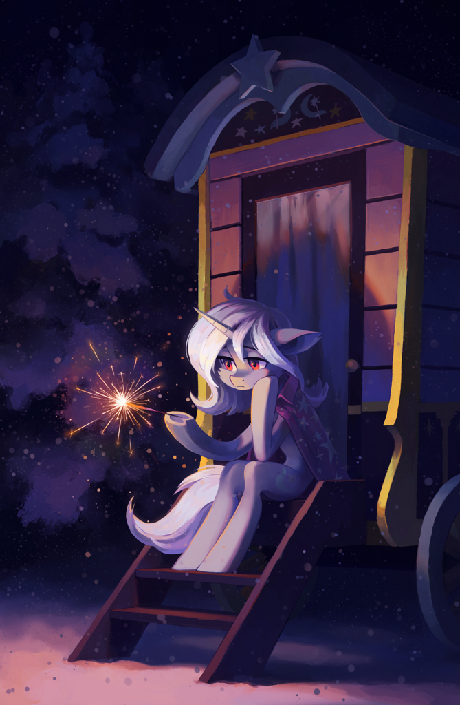 [female,floppy ears,g4,high res,mare,night,outdoors,sad,safe,semi-anthro,sitting,snow,solo,sparkler (firework),tree,trixie,unicorn,wagon,winter,pine tree,underhoof,trixie's wagon,arm hooves,absurd file size,artist:koviry,frog (hoof),looking at something,magnetic hooves]
