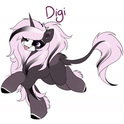 Size: 1818x1818 | Tagged: safe, artist:skyboundsiren, derpibooru exclusive, oc, oc only, oc:digit morose, pony, unicorn, :p, blank flank, colored, eyebrow piercing, eyeshadow, flat colors, fluffy, full body, goth, lip piercing, makeup, pastel goth, piercing, simple background, smiling, snake bites, solo, spiked headband, tongue out, white background