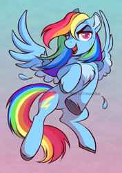 Size: 905x1280 | Tagged: safe, artist:marsel1nushka, rainbow dash, pegasus, pony, g4, belly, chest fluff, feather, female, flying, gradient background, mare, open mouth, open smile, signature, smiling, solo, spread wings, wings