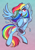 Size: 905x1280 | Tagged: safe, artist:marsel1nushka, rainbow dash, pegasus, pony, g4, belly, chest fluff, feather, female, flying, gradient background, mare, open mouth, open smile, signature, smiling, solo, spread wings, wings